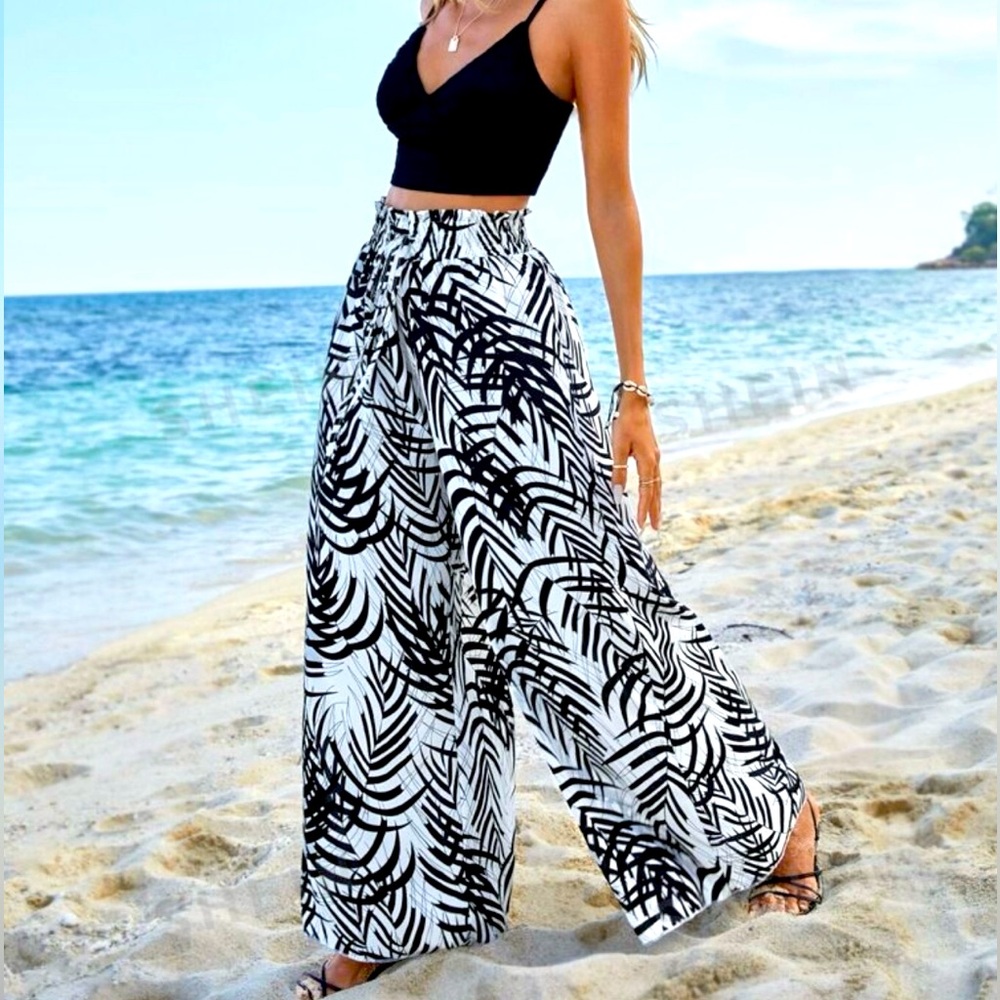 Paper bag tropical wide legged flowy pants